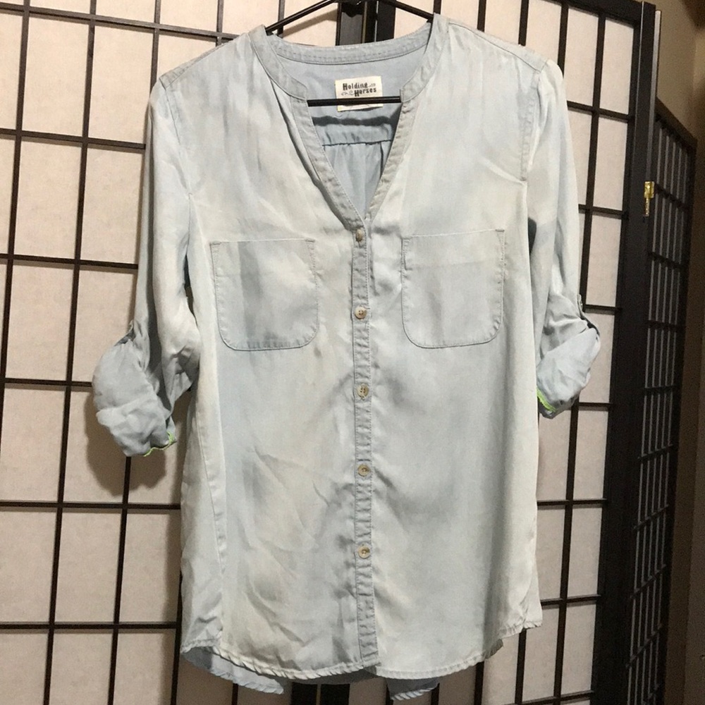 Anthropology Embroidered Chambray